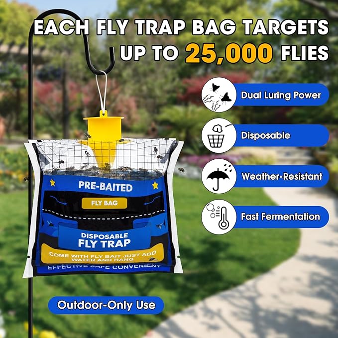 6 Pack Fly Traps Outdoor Hanging for Patio, Outdoor Disposable Hanging Fly Trap with 30g Bait, Bug Fly Hunter Catcher Killer Control for Barn Horse Ranch Chicken Coop
