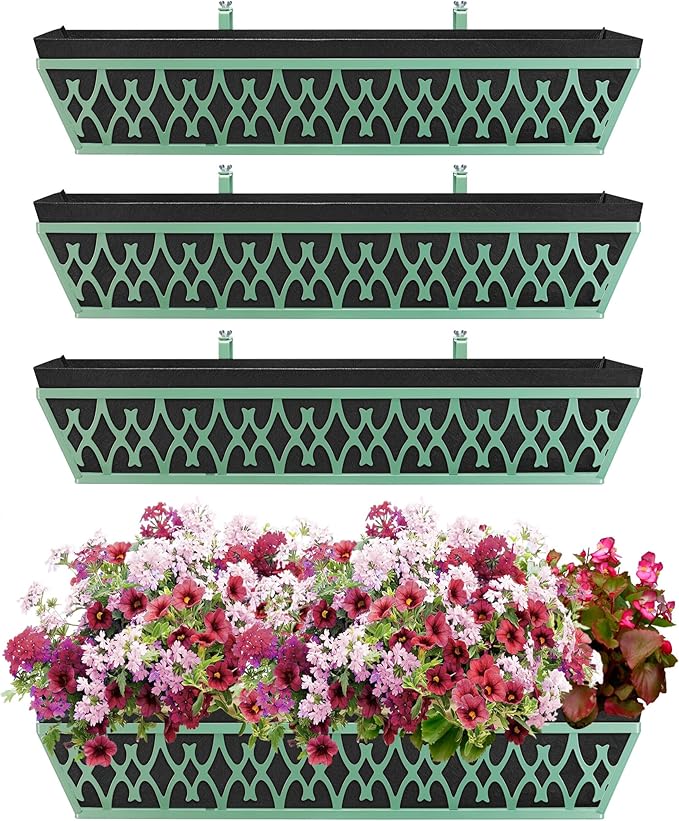 4 Pack 30 Inch Window Boxes Planters Railing Planter Box with Adjustable Brackets & Non-Woven Fabric Plant Grow Bags Deck Railing Planter Boxes Balcony Hanging Flower Box for Outdoor Plants