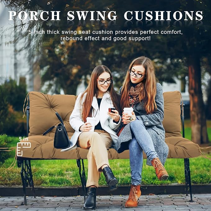 Porch Swing Cushions Outdoor, 5 Inch Thick Waterproof 2-3 Seater Replacement Swing Cushion with Backrest and Anti-Slip Ties, Perfect for Porch, Patio, Garden, Outdoor Bench Furniture, 48×40×5 Inch