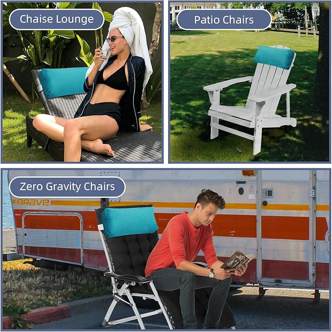 Chaise Lounge Head Pillow, 2 Pack Outdoor Lounge Chair Pillows with Adjustable Strap Longue Head Pillow Headrest Pillows for Patio Backyard Beach Pool Garden Recliner(Light Blue)