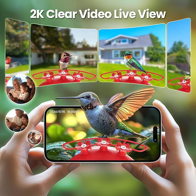 Soliom Hummingbird Feeder with Camera, Smart Feeder Camera with 2K Live View AI Identify, Leak Proof&Ant Moat&Bee Proof, Outdoor Pole/Hook Hanging, Ideal Gift for Family, 16 OZ with Solar Panel Red ﻿