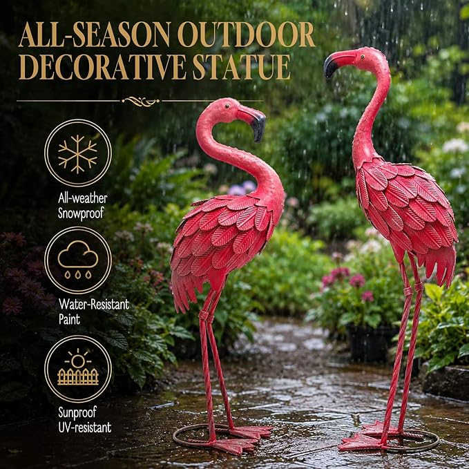 YOUKI Metal Yard Art Flamingo Decor Pink Flamingos for Yard Garden Statues Red Flamingo Yard Art Outdoor Sculptures for Outside Home Patio Lawn Ornaments Backyard Decor, Set of 2