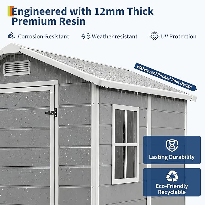 Resin Outdoor Storage Sheds 4x6 ft, Upgraded Double-Wall Outdoor Plastic Shed with Window & Double Doors, Waterproof Lockable Garden Shed (Light Gray, 4 X 6 ft)