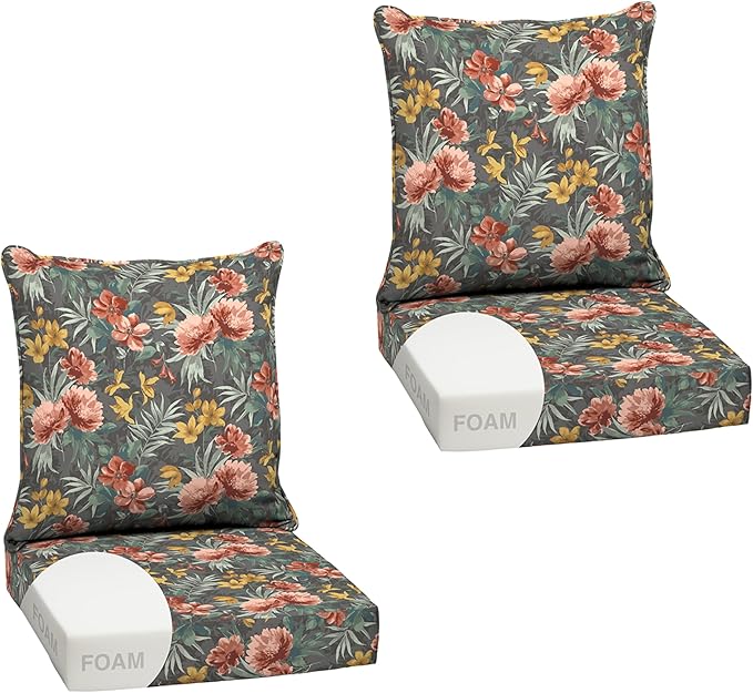 Arden Outdoor Foam Deep Seat Cushion Set (2-Pack), 24x24, Premium High-Density Foam, Never Flattens, Weather-Proof for Patio Chair Sofa Couch, Phoebe Grey Floral