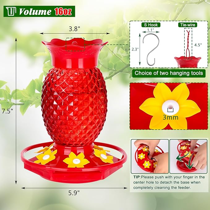 Fchstaer Glass Hummingbird Feeders for Outdoors Hanging Ant and Bee Proof 16OZ 2 Pack Red Pineapple Humming Bird Feeder with 6 Feeding Ports and Ant Moat Hummingbird Gifts for Women Garden Decor