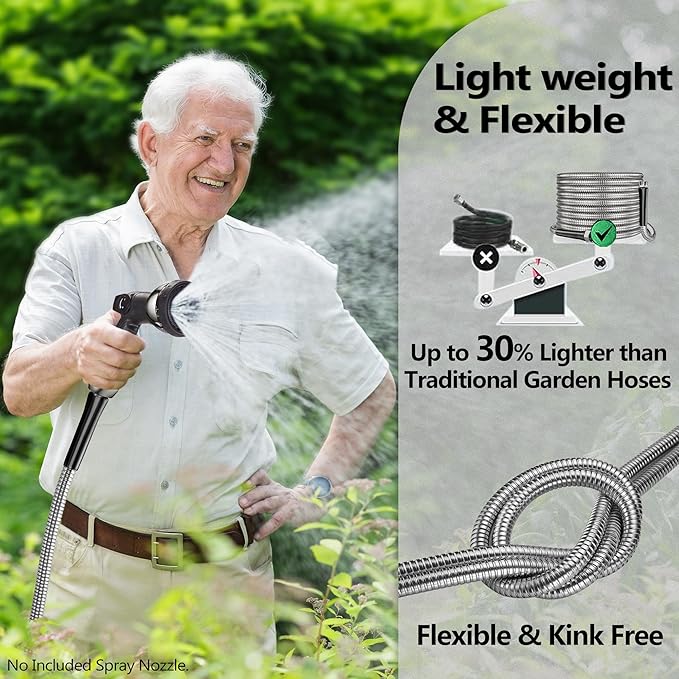 50ft Garden Hsoe - 2026 New 304 Stainless Steel Garden Hose with 3/4'' Fittings – Lightweight, Durable, and Kink-Free, Metal Water Hoses for Gardening