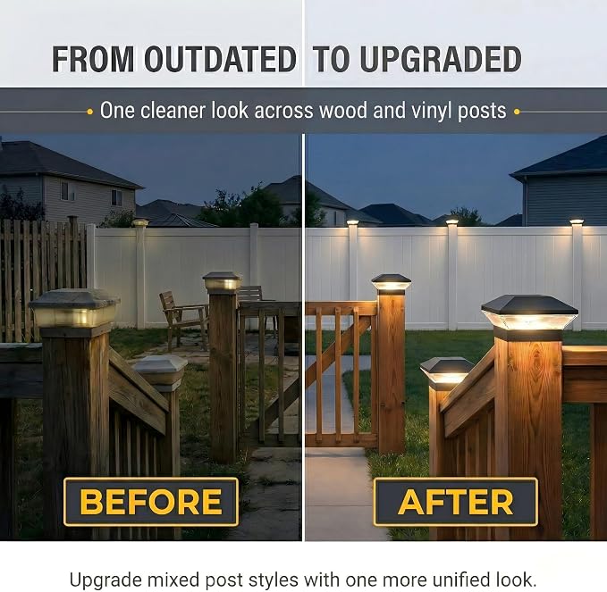 T-SUN 12 Pack Solar Post Cap Lights 4x4 5x5 6x6, Outdoor Waterproof Solar Deck & Fence Post Lights, Warm White/Cool White for Wood & Vinyl Posts, Fence, Deck, Gate & Porch