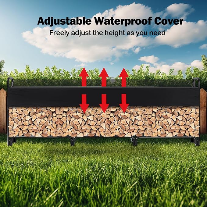 PeakPursuit 12FT Firewood Rack Outdoor with Waterproof Cove, Heavy Duty Logs Holder for Indoor Fireplace Metal Wood Pile Storage Stacker Organizer, Black