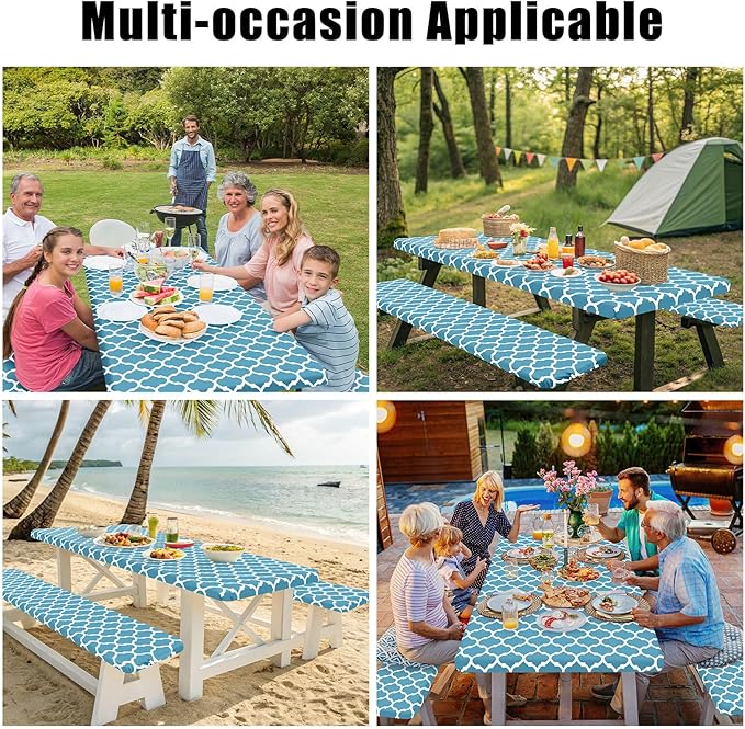 Smiry Picnic Table Cover with Bench Covers, Waterproof Elastic Fitted Tablecloth for 5 Foot Tables, Washable Polyester Tablecloths for Camping, Indoor & Outdoor (Light Blue, 30x60 Inch 3-pc Set)