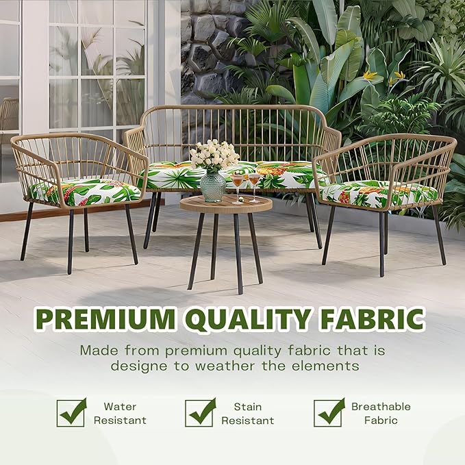 Wicker Chair Cushions Set, 2 U-Shaped Cushions & 1 Loveseat, Waterproof Outdoor Loveseat Cushion for Patio Furniture, Settee Bench Pad All Weather,Pineapple