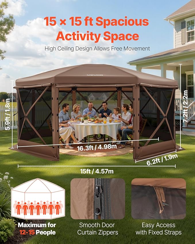 VEVOR Pop up Gazebo Screen Tent, 15 x 15 ft Large 8-Sided Camping Canopy Tent with Removable Top & Carry Bag, Quick-Set & Bite-Proof, Screen House Sun Shelter for 12-15 Persons Backyard Patio, Brown