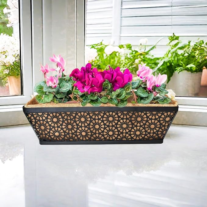 EIMQUVW 2 Pack 30" Railing Planter Window Box Deck Balcony Rail Planters Black Metal Flower Basket Horse Trough Planter with Coco Fiber Liner for Porch Fence Patio Outdoor