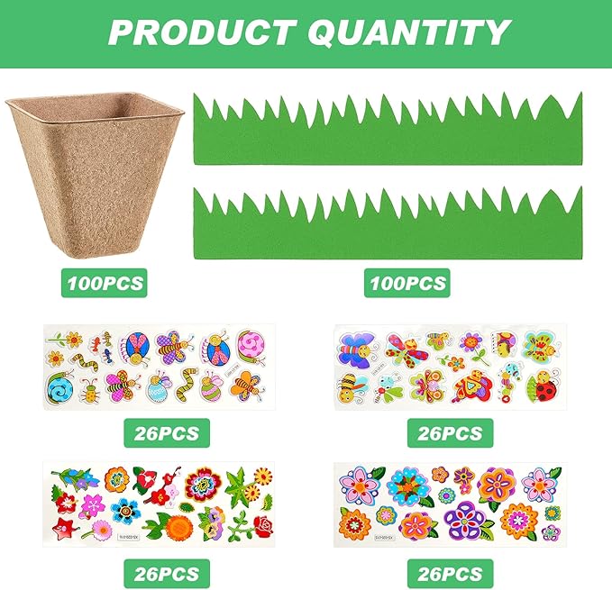 Gueevin 50 Pack Garden Paper Pot Craft Kit Flower Plant Spring Craft Including Peat Plant Pots Adhesive Foam Stickers Pot Stickers EVA Grass for Adults DIY Flower Planting Growing, Square