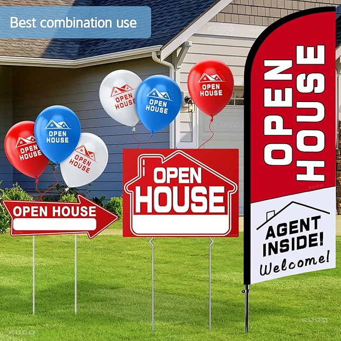 Open House Signs Kit (45 Pcs), 1 Pack Open House Flag, 9 Pack Open House Signs for Real Estate, Double Sided Directional Arrows Sign with Stakes and 24 Balloons for Real Estate Agents Supplies