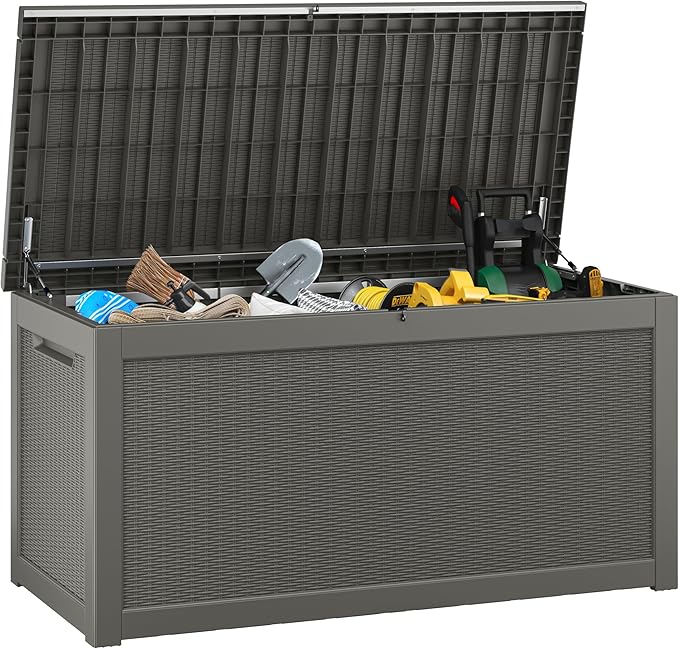 KAMABOKO 300 Gallon Outdoor Storage Box, Resin Deck Boxes Indoor and outdoor, Waterproof Storage Box Lockable Lid for Garden Tools, Package Delivery, Patio Cushions, Grey