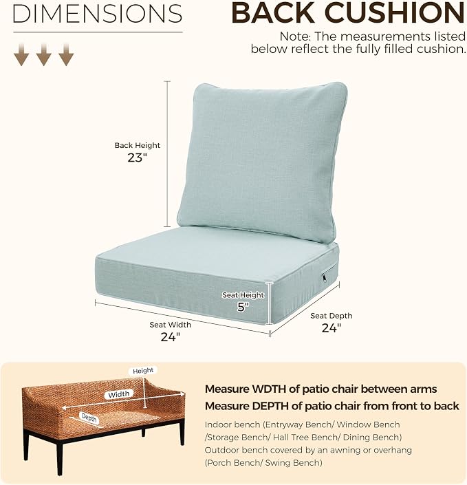 Art Leon Waterproof Outdoor Seat Cushion 24"x 24" 30D High Density Foam Patio Chair Cushions with Non-Slip Backing Patio Cushions for Patio Furniture Porch Swing Garden Bench Camping Stadium Grey