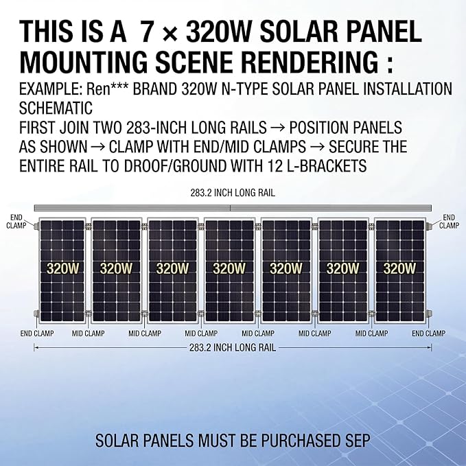 Solar Panel Mounting Rail Kit for 7 x 320W Panels, Includes 12 x 47.2 Aluminum Rails, Adjustable Clamps, L-Brackets & Wire Clips, Heavy Duty Racking for Metal, Tile, Shingle Roof