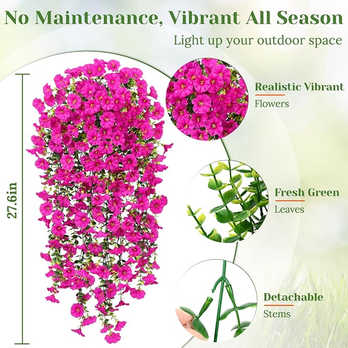 MARTINE MALL 8 Pcs Look Real Artificial Flowers for Outdoors, Realistic Artificial Hanging Flowers for Outdoors, UV Resistant Fake Hanging Plants Silk Petunia Faux Flowers for Porch Patio, Fuchsia