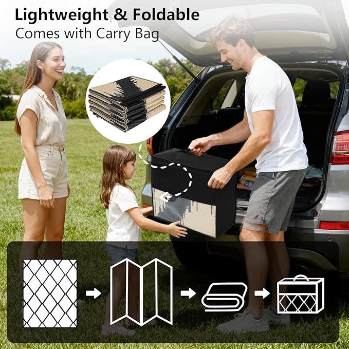 COOLTOP 9'x12’ Outdoor Rug for Patios Porches, Waterproof Plastic Camping Rugs, Modern Reversible Mat, Large Area Rugs for Backyard, Deck, RV, Balcony, Picnic, Beach, Black & Beige
