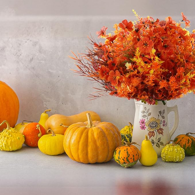 Thiccywoov 32 Bundles Artificial Fall Flowers Plants for Outdoors 16 Styles Autumn Decor, Fake Faux Flowers UV Resistant Orange Mums Violet Fern for Fall Thanksgiving Home Porch Window Box Decor