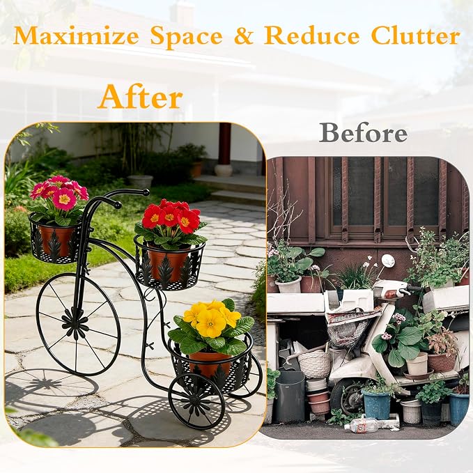 Metal Bicycle Planter Stand, 3 Tier Flower Pot Stand Cart with 3 Plant Buckets, Outdoor Garden Decorative Planter for Yard Patio Lawn Flower Shop Home Decor (Black)