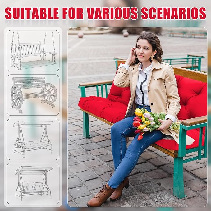 Porch Swing Cushions 3 Seater Replacement Thicken 5" Waterproof & Fade Resistant Swing Cushions for Outdoor Furniture Bench Patio Swing Cushion with Backrest & Ties(Rose Red 60x40x5inch)