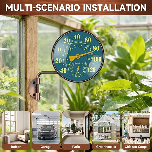 4 Inch Outdoor Thermometer and Humidity Gauge, Brass Retro Wall Mount Analog, Waterproof Temperature Hygrometer with Large Easy-Read Dial for Patio, Garden, Garage, Greenhouse