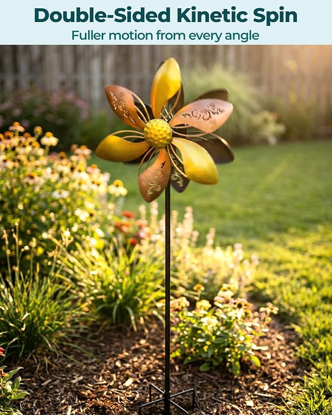 Metal Wind Spinner for Yard, Double-Sided Kinetic Garden Spinner, 37" H Outdoor Yard Decor with 5-Prong Ground Stake, Weather-Resistant Lawn Ornament