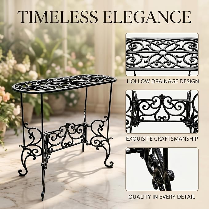 Vintage Scrollwork Cast Iron Plant Stand, 22.6 x 9.3 x 22 Inch, Heavy-Duty Oval Top, Indoor Outdoor Use (22.3" Tall Rectangle Pattern)