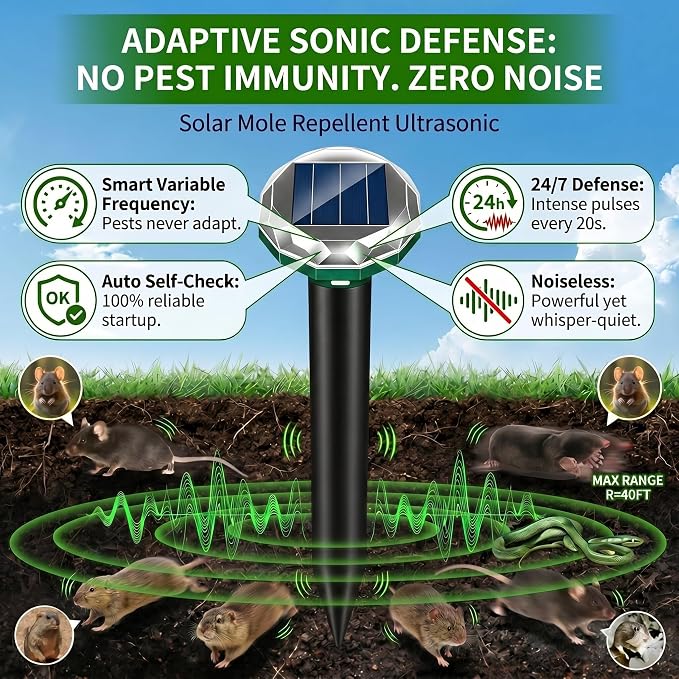 8 Pack Mole Repellent Solar Powered Gopher Repellent Ultrasonic Vole Repellent Outdoor Waterproof Spikes Repellent Rat Deterrent Groundhog,Chipmunk,Snake,Sonic Mole Stakes for Garden,Yard