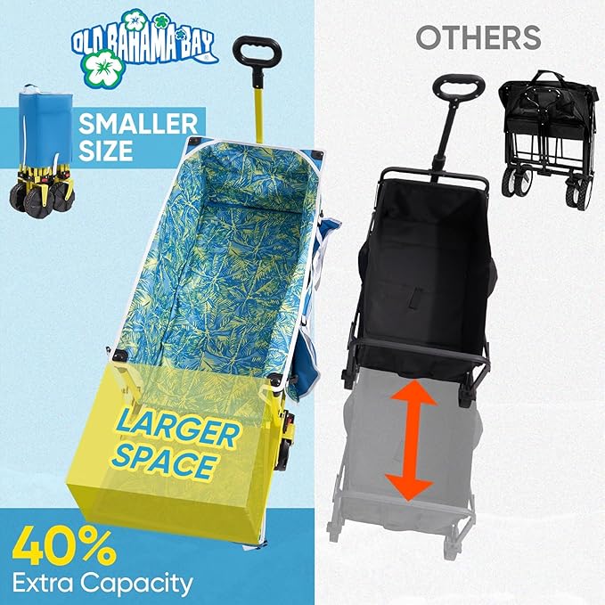 Old Bahama Bay Beach Wagon with Big Wheels for Sand, 330 LBS Heavy Duty Collapsible Beach Cart with Tailgate, Foldable Utility Wagon with Cup Holders & Side Pocket for Camping, Shopping, Garden, Blue