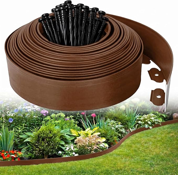 Landscape Edging 33FT,4IN High Garden Edging Borders,Lawn Edging Kit with 30 Spikes, Plastic Fence Edge DIY for Yard,Tree,Flowerbeds,Landscaping,Grass -Brown