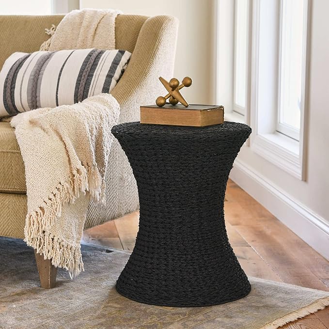 Household Essentials Handwoven Paper Rope Stool with Hourglass Shape, Black