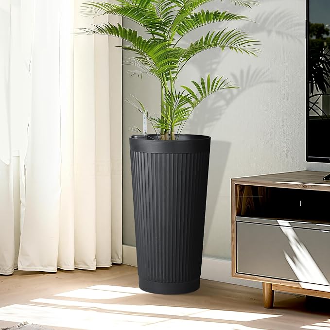 24in Tall Self-Watering Planters Set of 2, Black | Water level indicator, Self-watering irrigation system, Non-toxic PP plastic, Weather Resistant, Indoor Outdoor Use