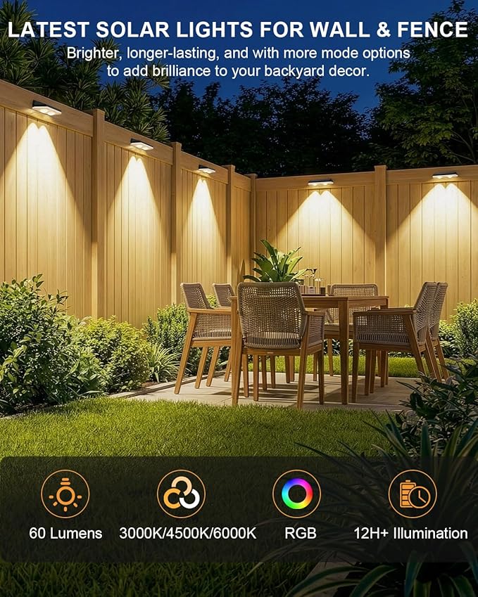 Solar Fence Lights Outdoor,3000/4500/6000K/RGB 13 Mode 8PACK Fence Lights Solar Powered High Brightness LED Lens IP65 Waterproof Solar Wall Light for Outside/Patio/Step/Backyard/Railing/Pool/Deck