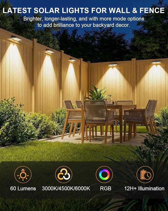 Solar Fence Lights Outdoor,3000/4500/6000K/RGB 13 Mode 12PACK Fence Lights Solar Powered High Brightness LED Lens IP65 Waterproof Solar Wall Light for Outside/Patio/Step/Backyard/Railing Pool/Deck