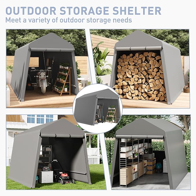 7X12FT Heavy-Duty Portable Outdoor Shelter Shed - Waterproof UV-Resistant Carport with Roll-Up Zipper Doors & Vents, Anti-Snow Motorcycle Garage Tent, Grey