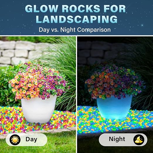 PoYang 500pcs Glow in The Dark Rocks Outdoor - Multicolor Resin Glowing Pebbles for Landscaping, Garden, Fish Tank & Aquarium Indoor Decor, Powered by Sunlight or Lamplight (0.4"-0.7"/pc, 0.6lbs/Bag)