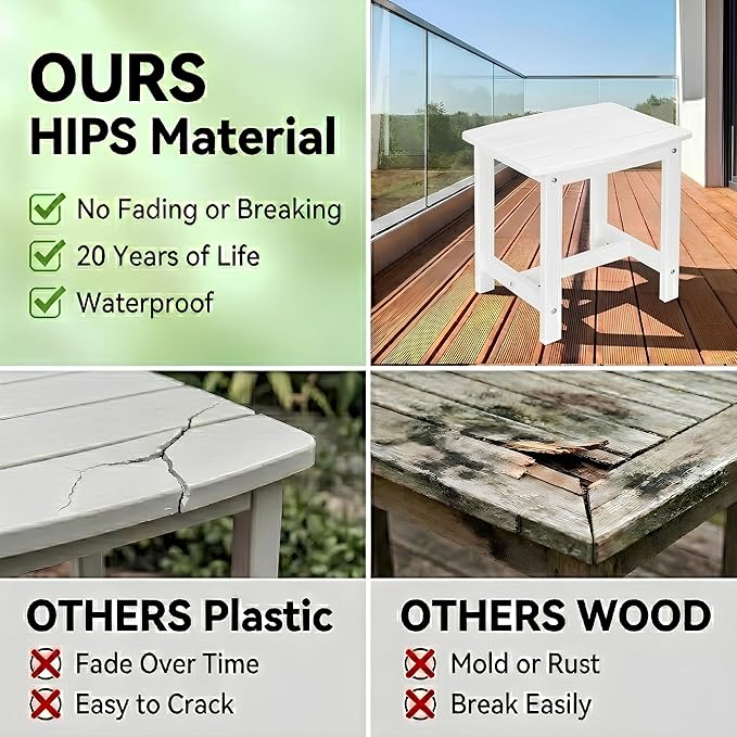Y&M Outdoor Side Table, HIPS Adirondack Small Single Table, Waterproof Square Outside Table, Balcony Modern End Tables for Patio, Pool, Beach, Porch, Deck, Indoor or Outdoor Use, White