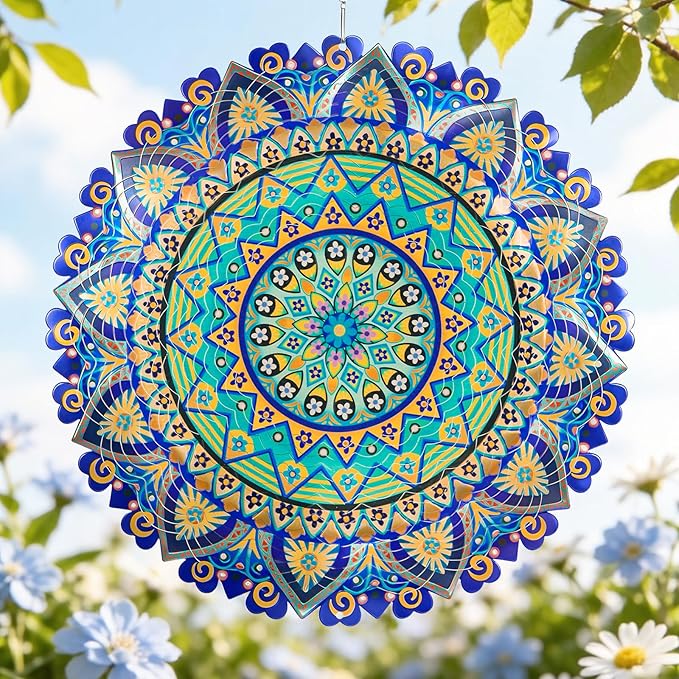 Mandala Wind Spinners Outdoor for Mother's Day, IDEA SHOW Stainless Steel Wind Spinners Outside, 3D Kinetic Hanging Sculpture, Rustproof Metal Garden Decor Ornaments for Yard Art, Women, Men, Holidays