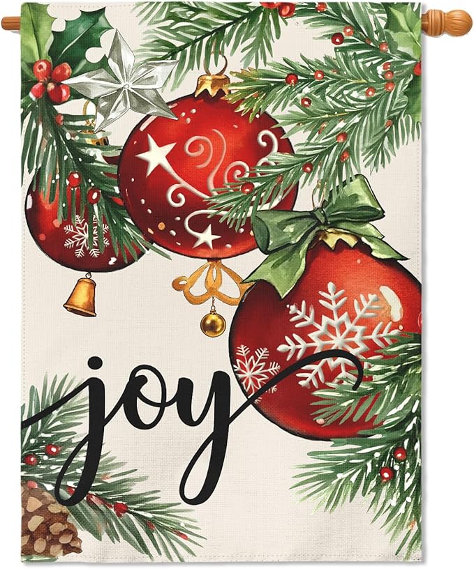 Christmas House Flag 28x40 Inch Green Leaves Red Xmas Ball Joy Holiday Winter Decorative Garden Flags for Outside Double Sided Seasonal Outdoor Home Farmhouse Decoration Porch Yard New Year Decor