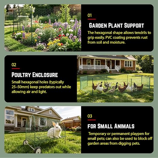 24in×150ft Chicken Wire Roll Hexagonal Netting Galvanized PVC Coated 1in Mesh Garden Poultry Fencing Barrier Animal Plants Hardware Cloth Crafts for/Rabbit/Floral/Chicken Coop/DIY Projects