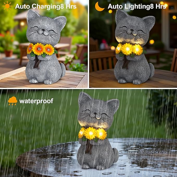Solar Garden Statues Cat with Daisy and LED Lights Birthday Gifts for Women Mom Grandma Solar Outdoor Cat Decor for Outside,Outdoor Solar Lights for Yard, Garden and Patio, Unique Gift for Women