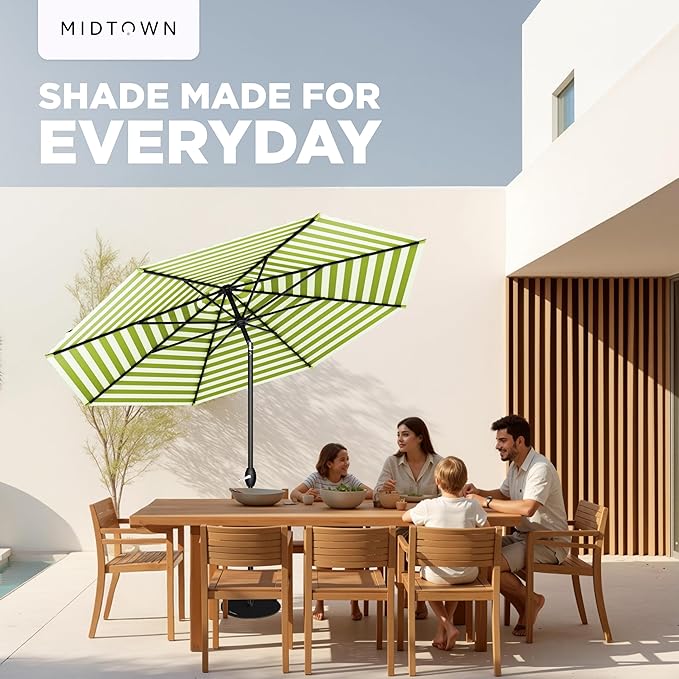 Midtown Umbrellas - 10-Year-No-Fade 6 Ft Patio Umbrella with Terylast Fabric, Auto-Tilt Aluminum Frame and 8 Reinforced Ribs for Deck, Pool, Garden & Beach - Green/White Stripes Canopy, Black Pole