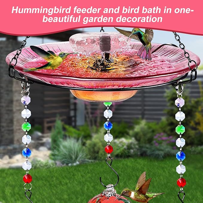Headak Life Hummingbird Feeder Glass with Hanging Bird Bath for Outside Combo Set,12 Fluid Ounces,Solar Hummingbird Bath with Fountain (11inch),Backyard, Patio Garden Yard Decoration (Red)