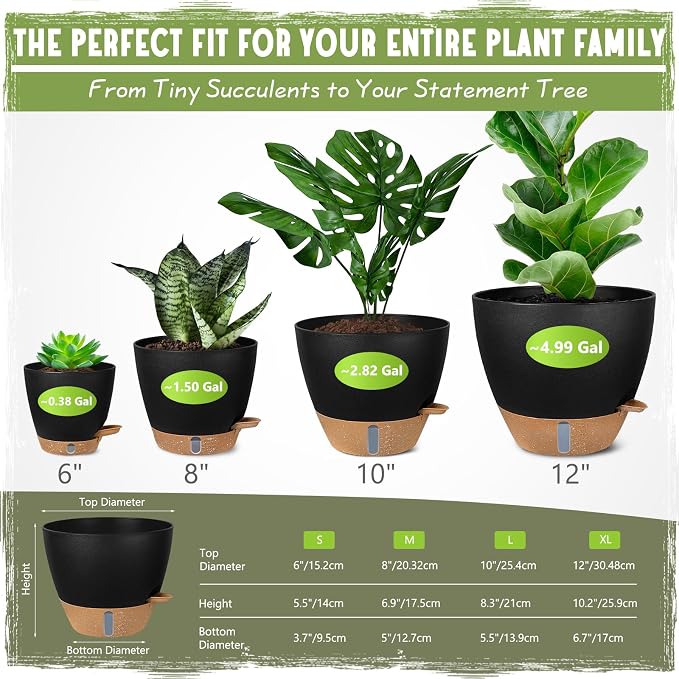 Self-Watering Pots for Indoor and Outdoor Plants 4 Pack, 6/8/10/12 Inch Planters with Water Level Indicator & Deep Reservoir, Decorative Flower Pots for Home Decor