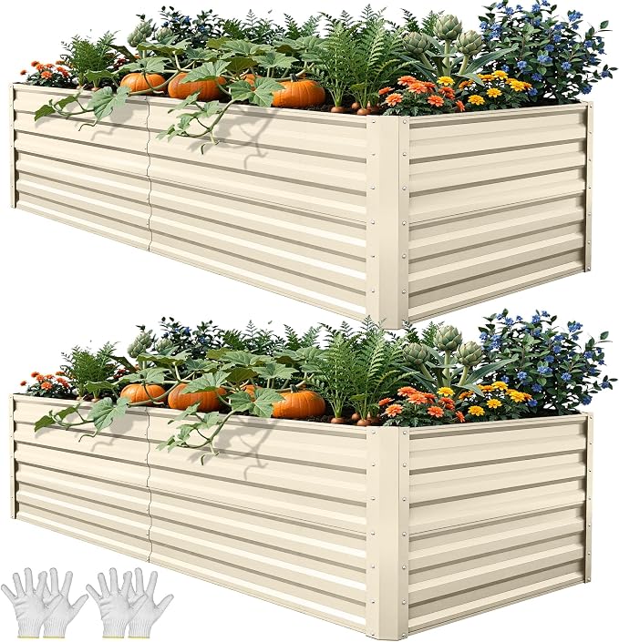 YITAHOME 6x3x2ft 2pcs Large Raised Garden Bed Kit, Galvanized Metal Planter Box with Gloves, Support Rod, Outdoor Above Ground Planters for Plants Vegetables Flowers, Cream Yellow