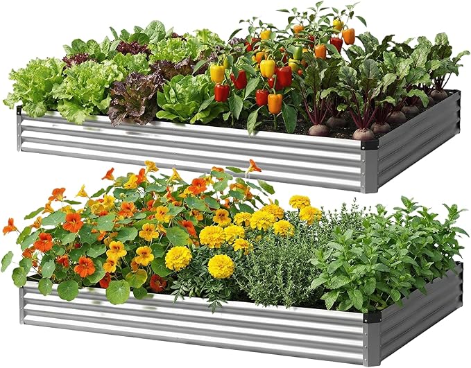 2Packs 8x4x1 FT Raised Garden Beds Outdoor, Planter Raised Beds for Gardening, Vegetables, Flowers, Metal Garden Box, Deep Plant Flower pots Outdoor (Silver)