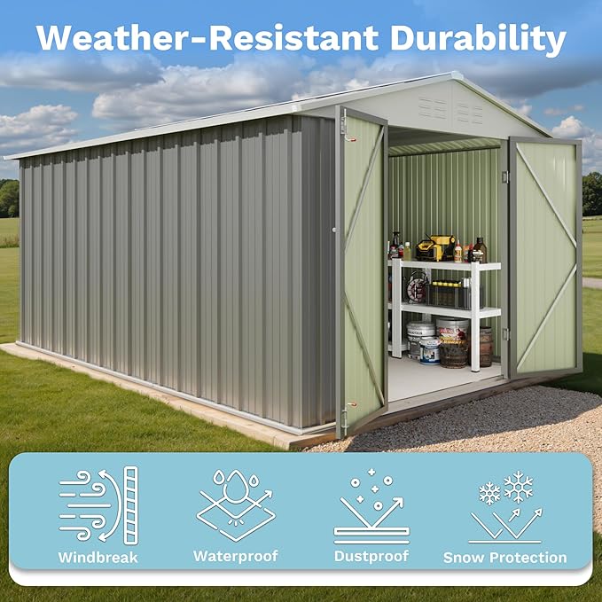 Greesum 8x12FT Outdoor Storage Shed, Utility Tool Shed with Sloping Roof, Metal Storaged Garden Shed with Door & Lock for Patio Storage, Gray