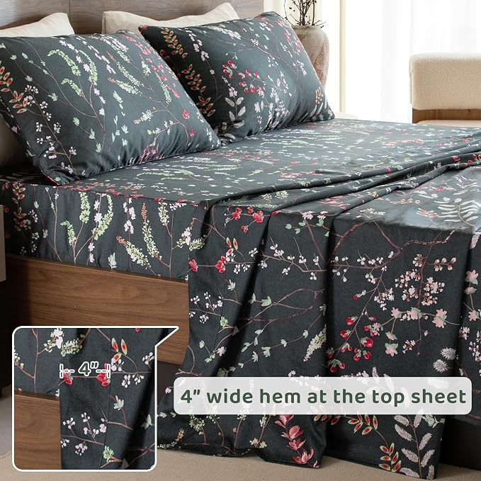 QSH Floral Egyptian Cotton Sheets Queen Size - Elegant Navy Botanical Pattern Printed Bedding Sheets Queen Size Bed Extra Soft and Breathable 4pcs Deep Pockets Bed Sheets